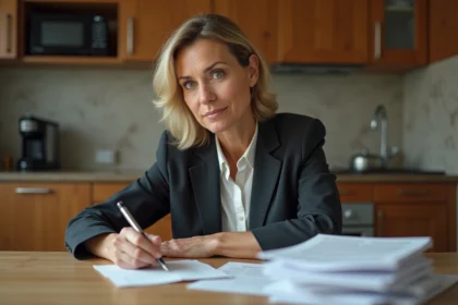 Femme d'âge moyen écrit une lettre dans la cuisine chaleureuse