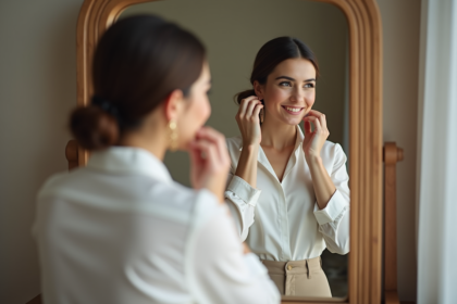 Femme élégante ajustant ses boucles d'oreilles en miroir