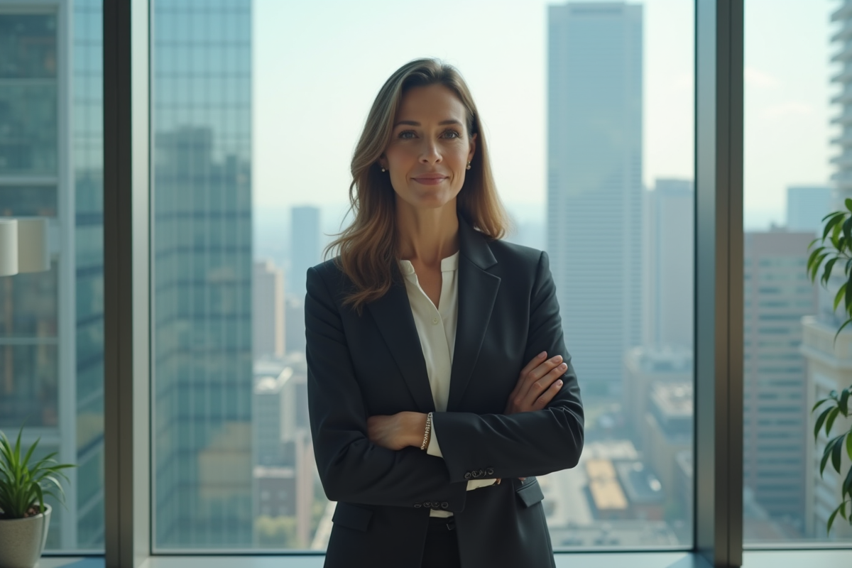 Femme entrepreneure confiante devant une grande fenêtre urbaine