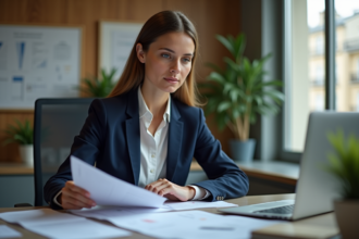Femme professionnelle en bureau avec documents ESG