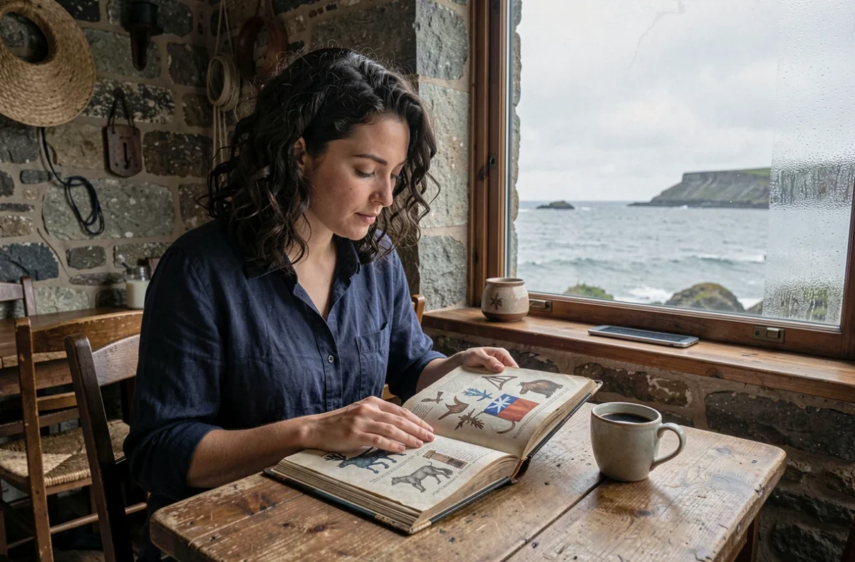 Jeune femme étudiant les hermines du drapeau breton dans un livre historique dans un café côtier de Bretagne