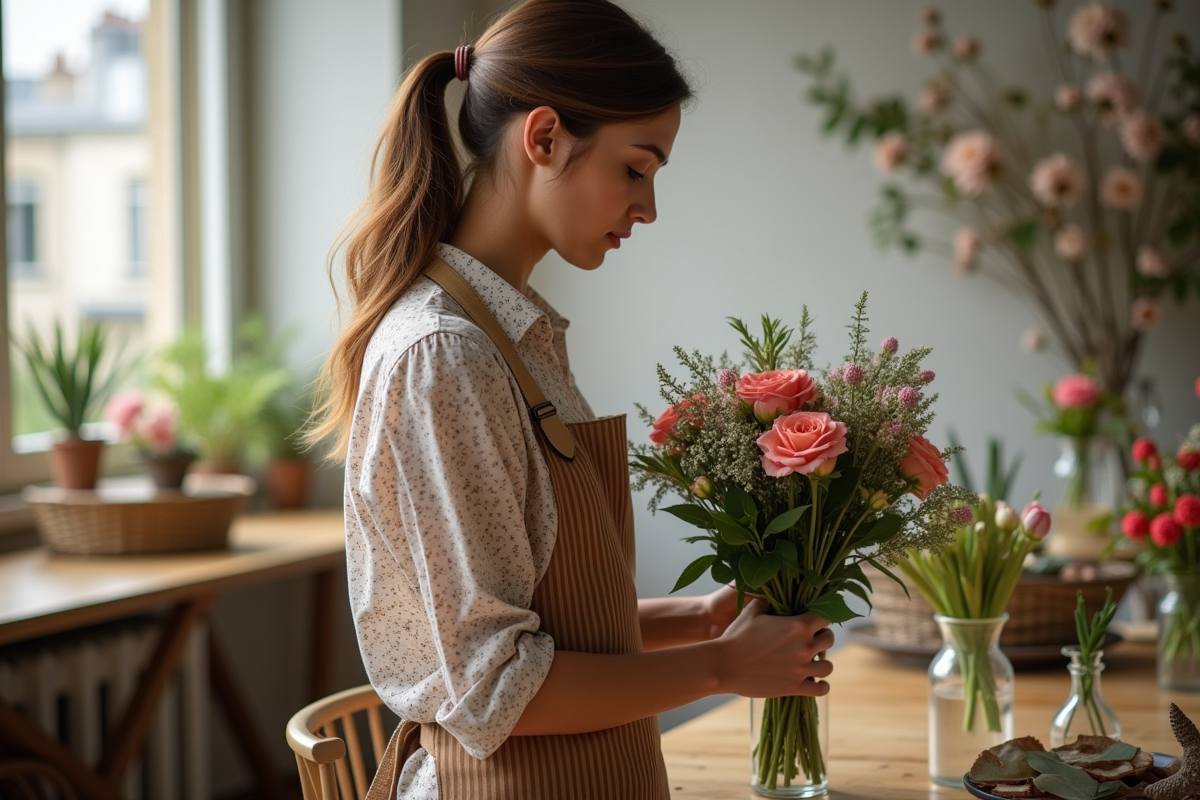Jeune femme arrangeant des fleurs dans un atelier créatif parisien