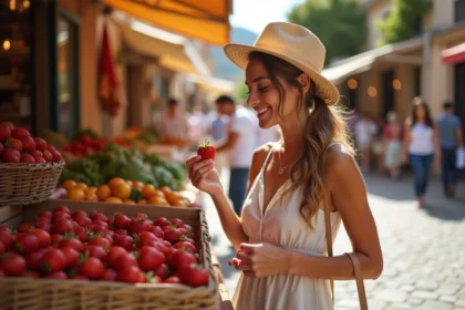 Femme dégustant des fraises au marché de Le Barcarès