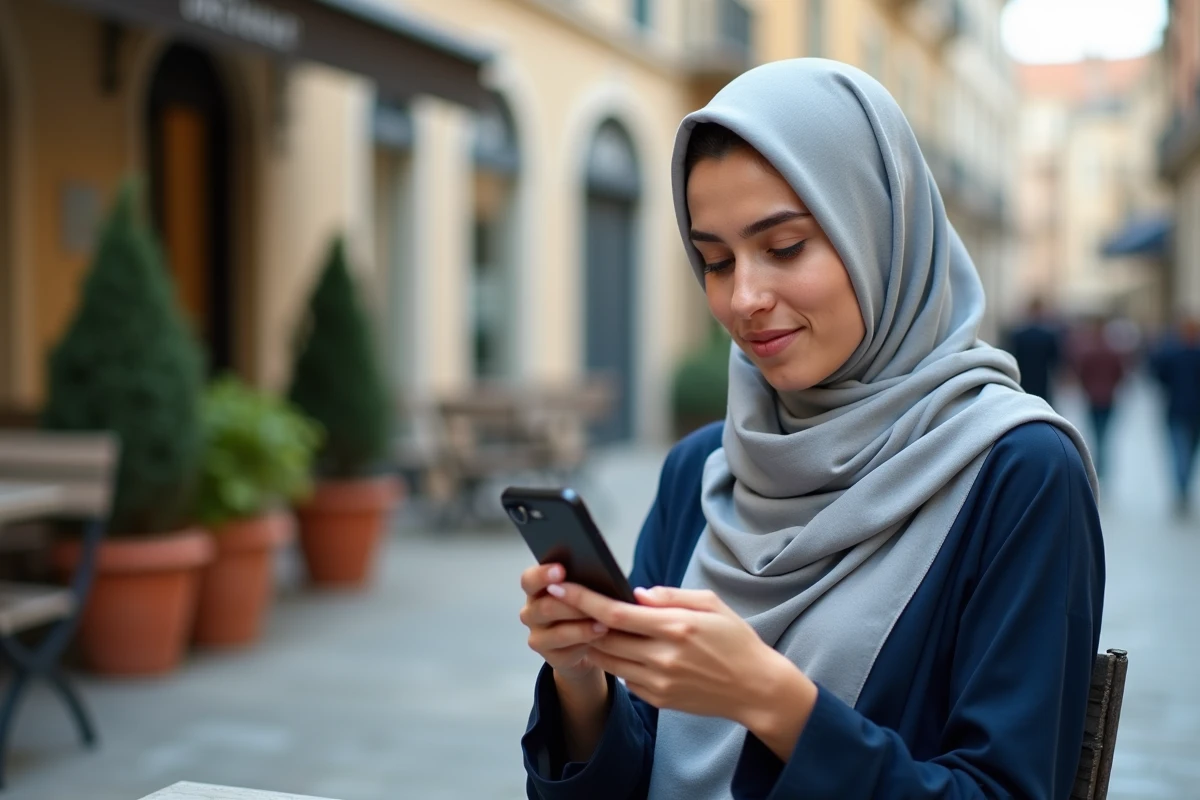 Jeune femme en hijab vérifiant les horaires de prière sur une application mobile en terrasse à Montpellier