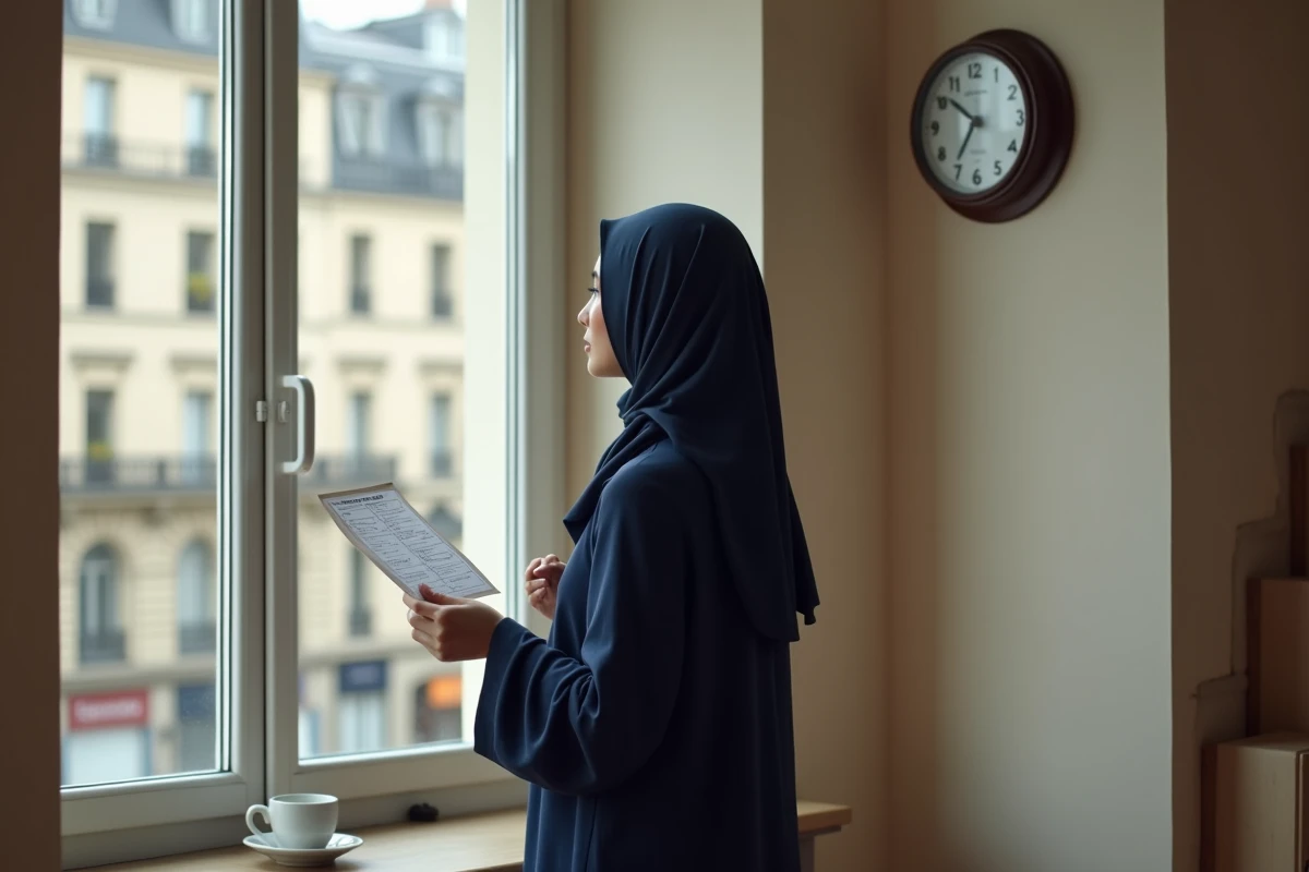 Femme en hijab consultant un calendrier des prières près d'une fenêtre avec vue sur Compiègne
