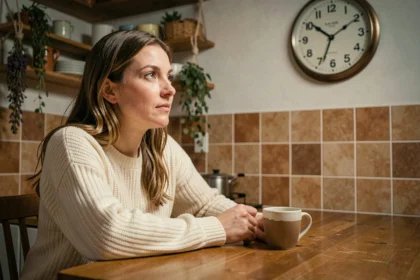 Femme contemplative observant une horloge affichant 23h23 dans une cuisine chaleureuse de nuit, symbolisant la signification des heures miroirs sur la destinée
