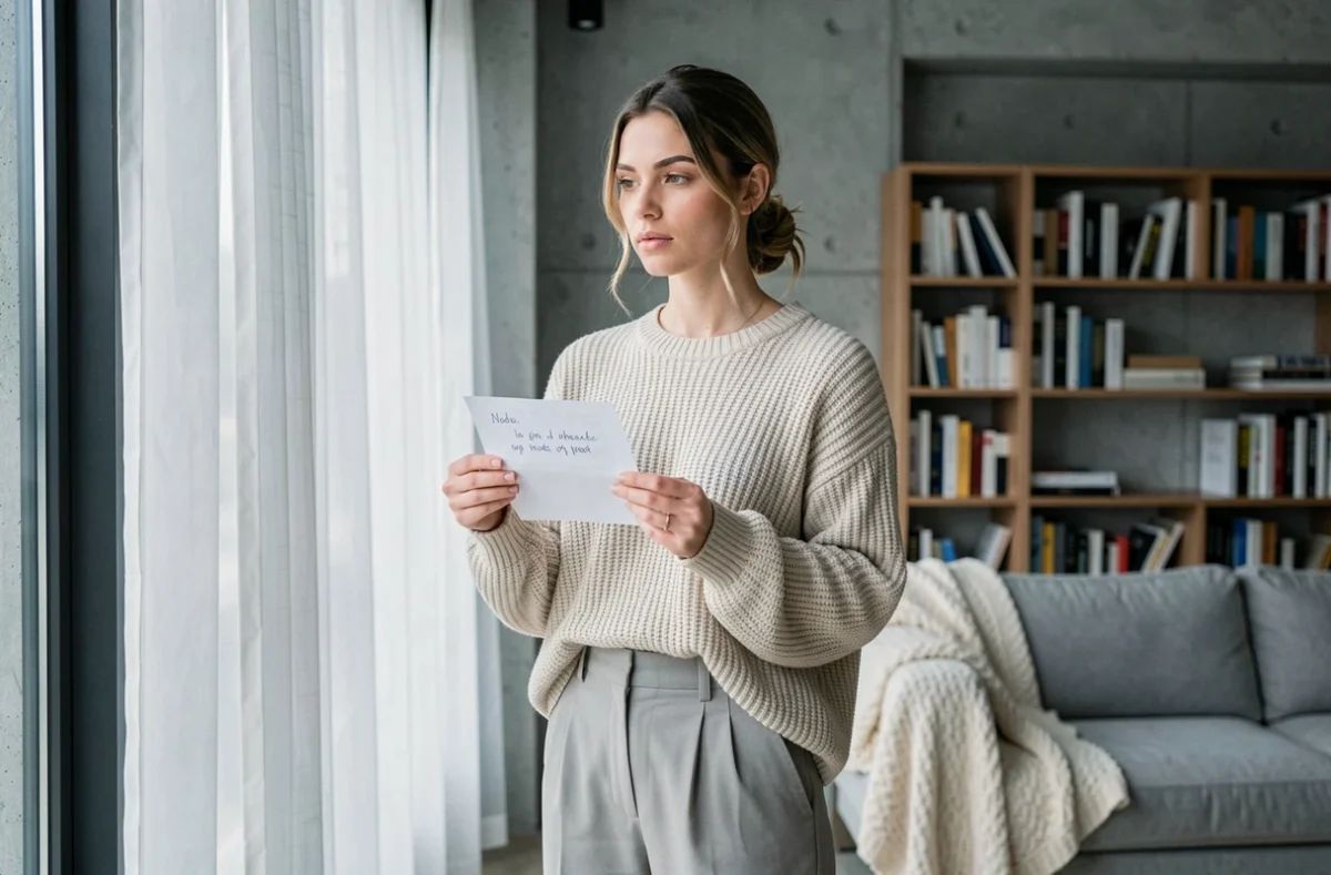 Femme pensive tenant un mot écrit à la main chez elle, expression d'attachement amoureux chez une femme indépendante
