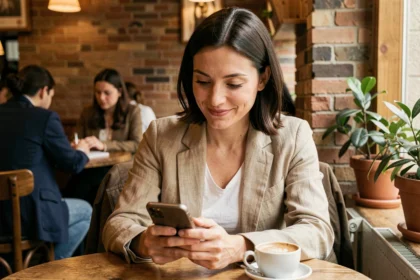 Femme indépendante souriante à son téléphone dans un café parisien, signe d'attachement amoureux discret