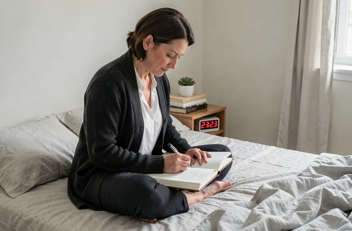 Femme écrivant dans un journal personnel la nuit avec un réveil affichant 23h23, représentant la réflexion spirituelle et la signification des heures miroirs