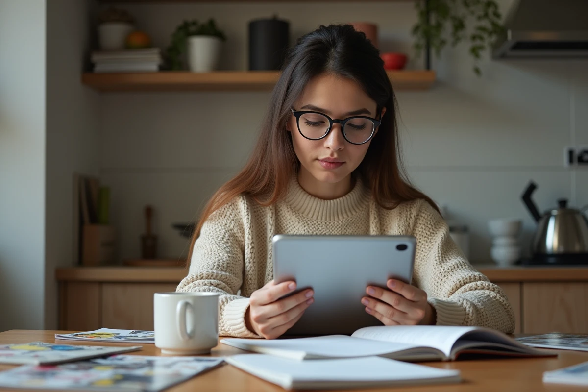 Femme lisant une liste sur tablette dans une cuisine chaleureuse