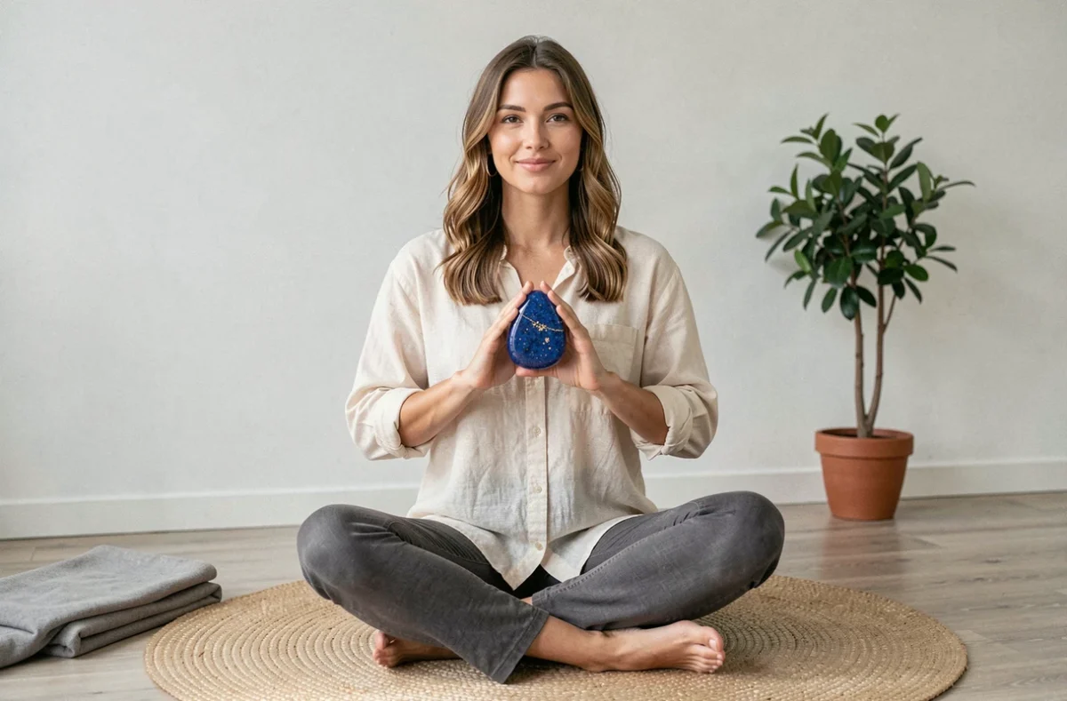Femme tenant une pierre de lapis lazuli bleue lors d'une séance de lithothérapie dans un studio de yoga minimaliste