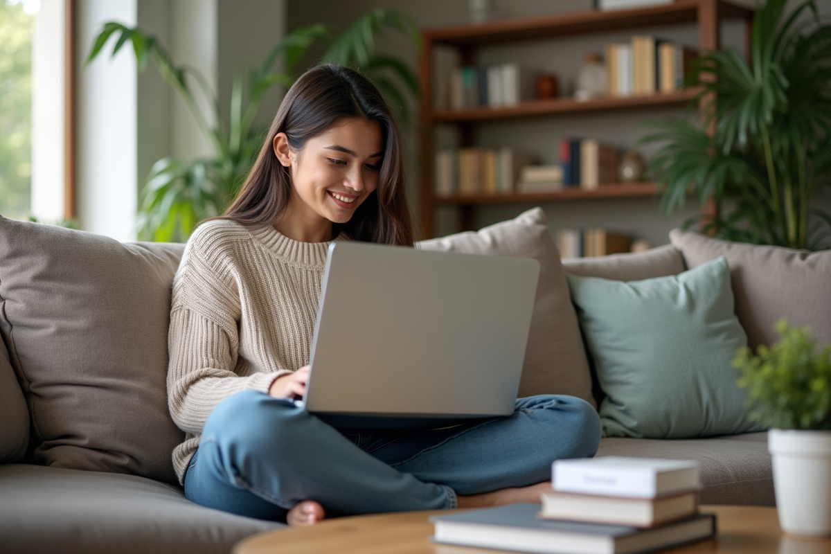 Jeune femme détendue utilisant un ordinateur portable à la maison