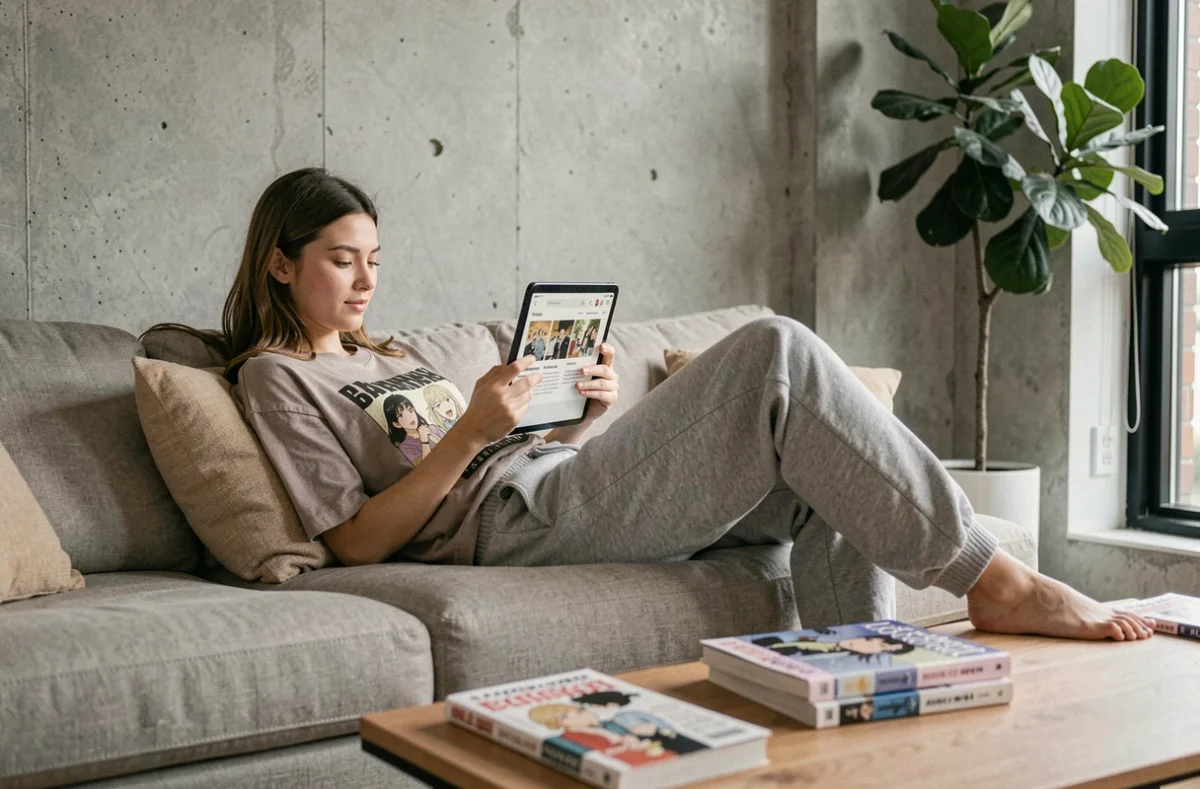 Jeune femme lisant des scans de manga sur une tablette dans un appartement moderne, illustrant l'utilisation de sites de lecture en ligne pour suivre One Piece, Kingdom et Jujutsu Kaisen