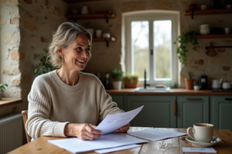 Femme souriante avec papiers dans une cuisine rustique