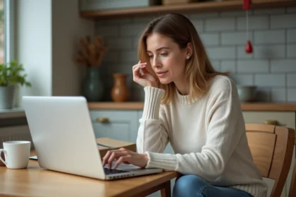 Femme assise vérifiant son colis et son ordinateur