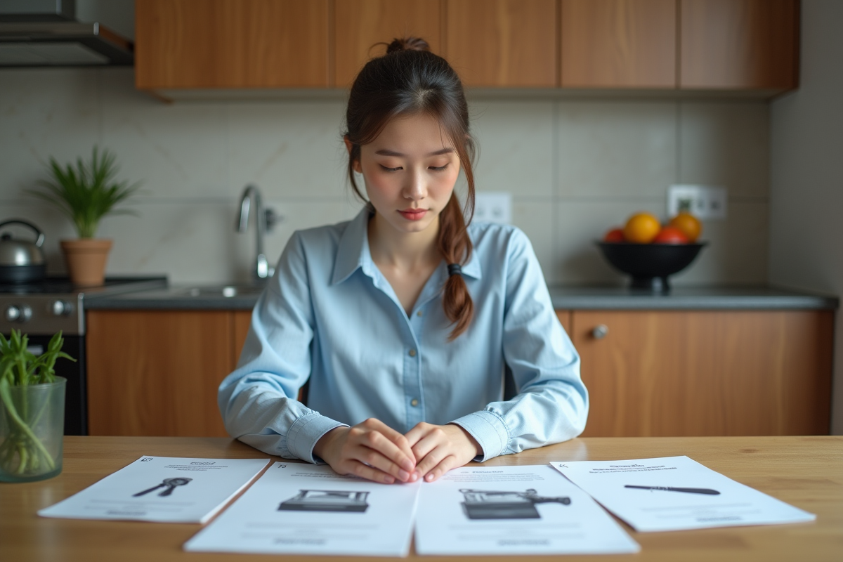 Jeune femme lisant des manuels dans une cuisine moderne