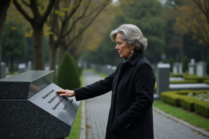 Femme réfléchie touchant une plaque funéraire moderne