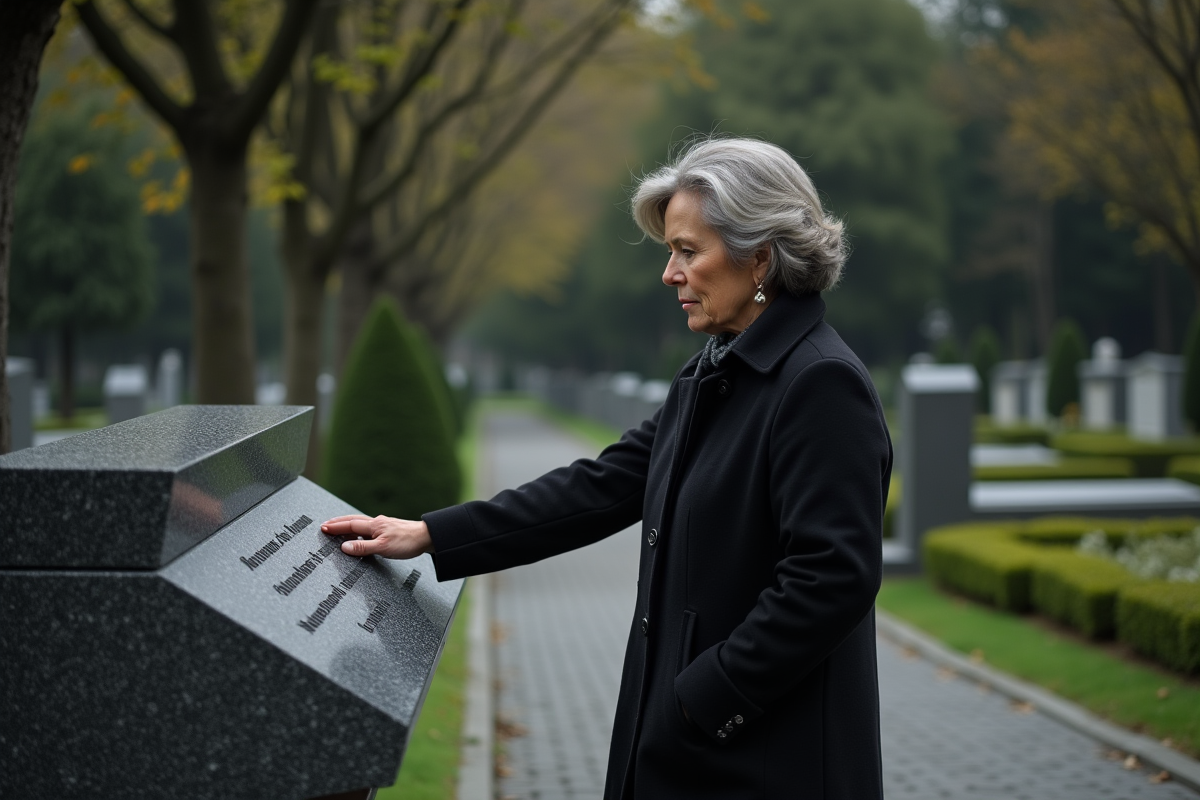 Femme réfléchie touchant une plaque funéraire moderne