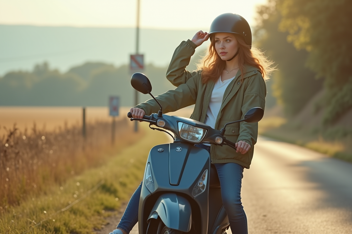 Jeune femme ajustant son rétroviseur sur une moto 50cc en campagne