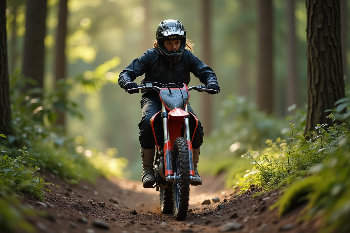 Femme en pleine action sur un sentier forestier en motocross