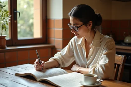 Femme concentrée résolvant des mots croisés avec une grille et un stylo sur une table en bois dans une cuisine italienne rustique