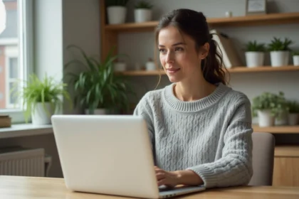 Femme utilisant un ordinateur portable pour explorer un site web depuis son bureau à domicile, illustrant la navigation sur Fusov
