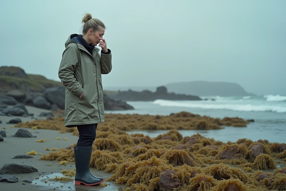 Femme se bouchant le nez face aux odeurs de goémon en décomposition sur une plage rocheuse, expression de gêne olfactive