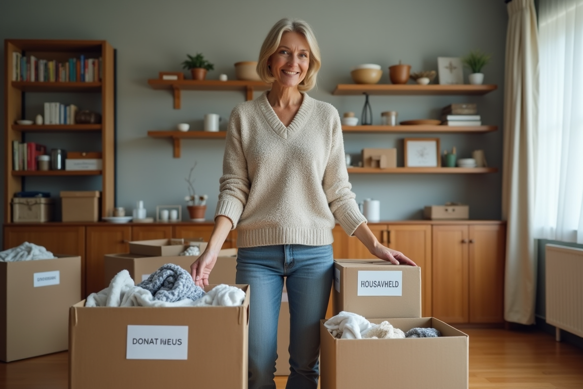 Femme organisée triant des objets pour don et recyclage
