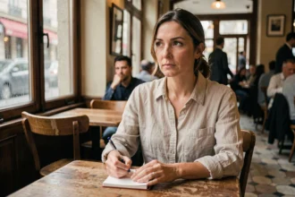 Femme pensive dans un café parisien tenant un carnet ouvert, expression contemplative évoquant une prise de conscience face à une citation hypocrite