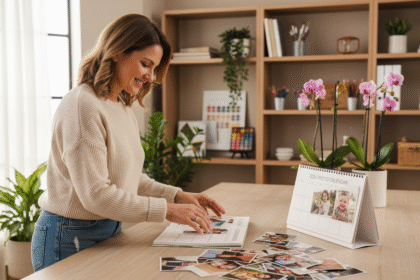 Femme souriante arrangeant un calendrier familial 2026
