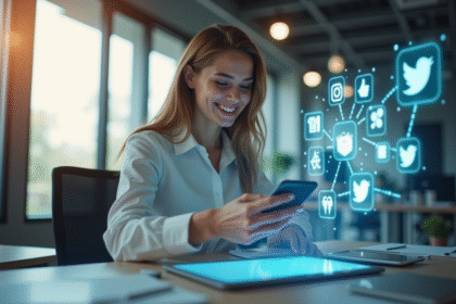 Jeune femme professionnelle souriante avec smartphone au bureau