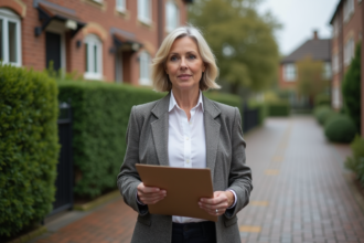 Femme d age moyen en tenue professionnelle devant une maison chic