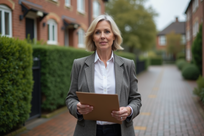 Femme d age moyen en tenue professionnelle devant une maison chic