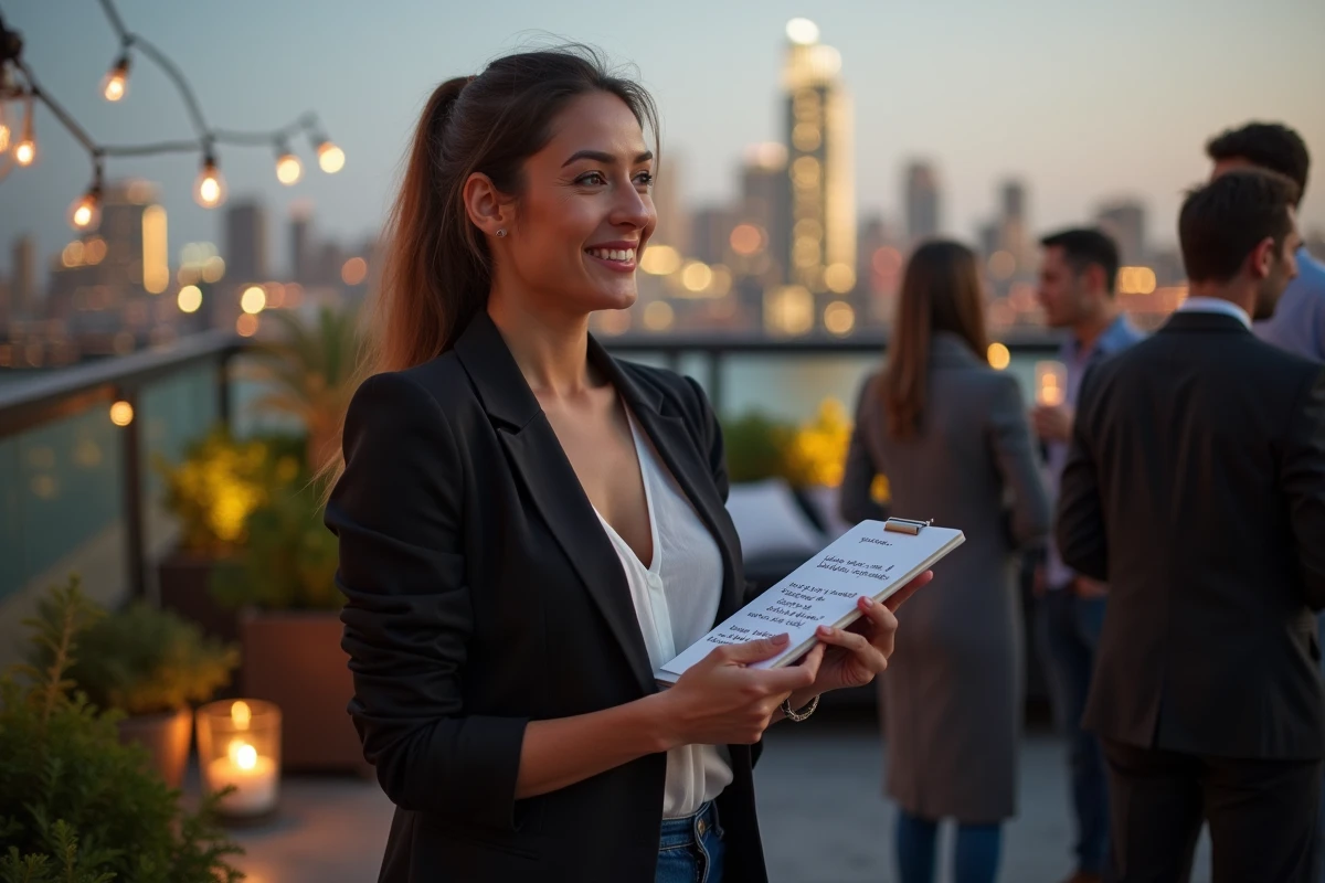 Femme souriante tenant un carnet avec des citations lors d