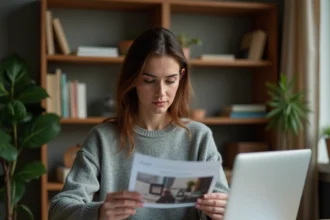 Femme consultant une photo imprimée devant un ordinateur pour retrouver une personne en ligne