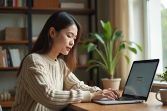 Femme consultant et rédigeant un avis en ligne sur son ordinateur portable dans un bureau à domicile