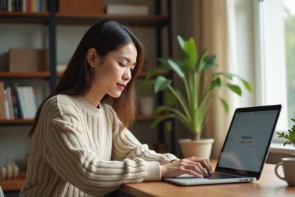 Femme consultant et rédigeant un avis en ligne sur son ordinateur portable dans un bureau à domicile