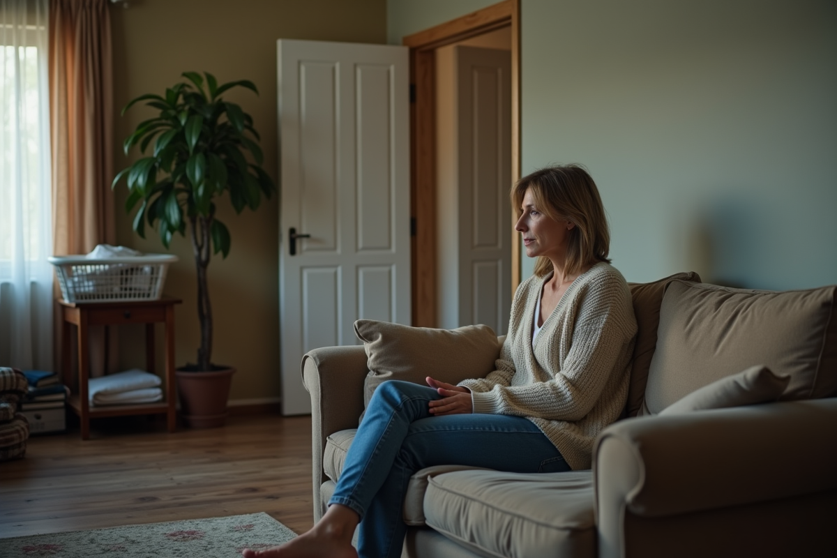 Femme pensant dans un salon partagé