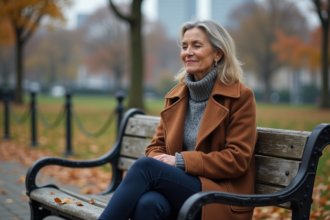 Femme en réflexion sur un banc en automne en ville