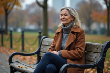 Femme en réflexion sur un banc en automne en ville