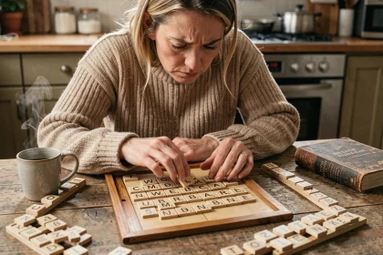 Femme concentrée plaçant une tuile Scrabble sur un plateau de jeu avec un dictionnaire français ouvert à côté