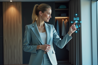 Femme confiante en veste intelligente holographique