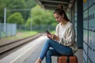 Femme pensant avec valise dans gare tranquille