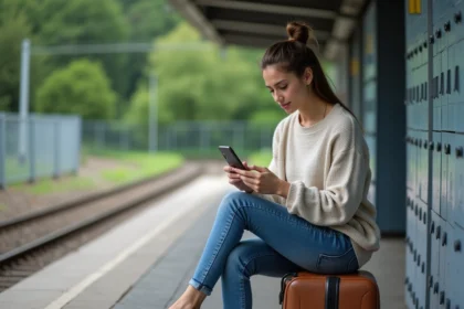 Femme pensant avec valise dans gare tranquille