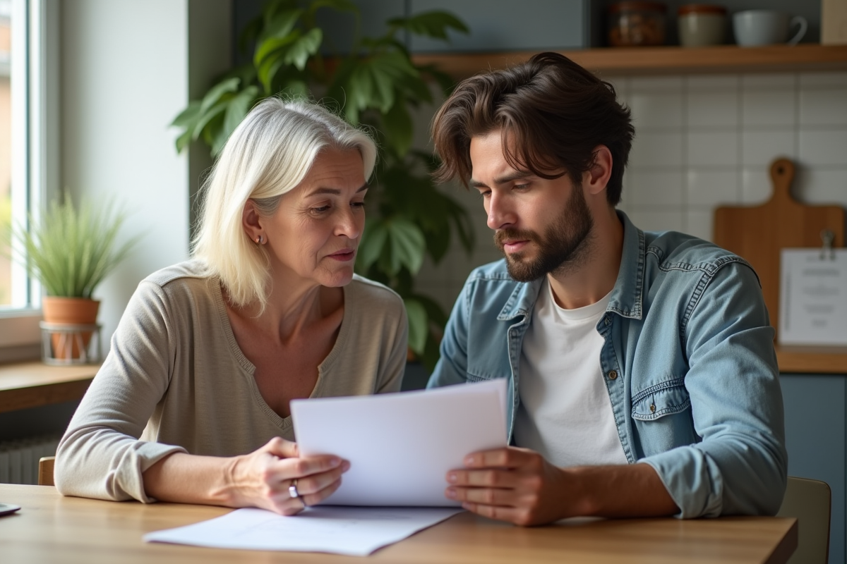 Femme d'âge moyen et jeune homme discutent à la cuisine