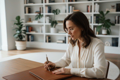 Femme élégante gravant ses initiales sur un carnet en cuir
