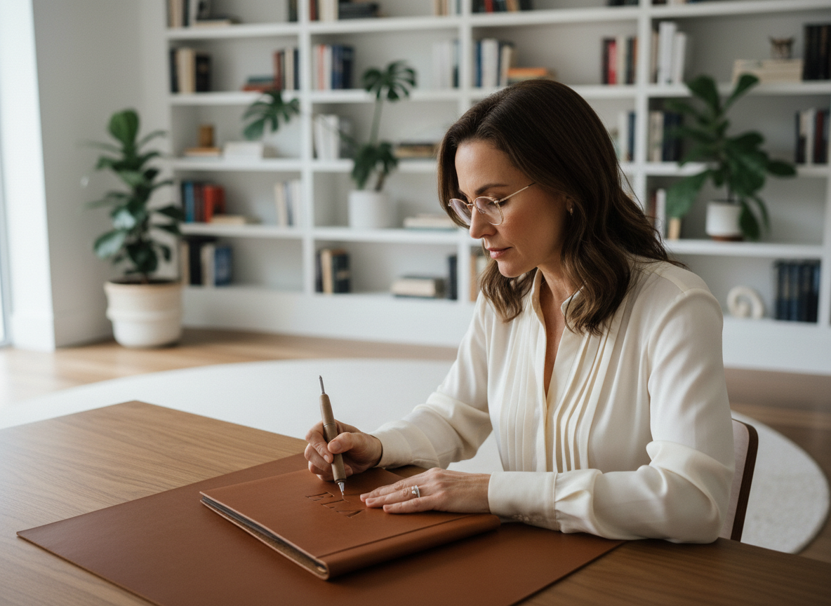 Femme élégante gravant ses initiales sur un carnet en cuir