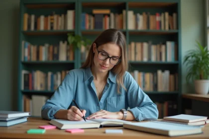 Jeune femme note des synonymes dans un bureau cosy