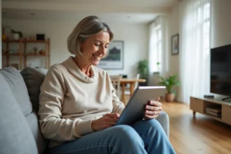Femme assise sur un canapé moderne utilisant une tablette tactile