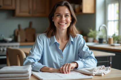 Femme souriante en blouse coton dans une cuisine chaleureuse